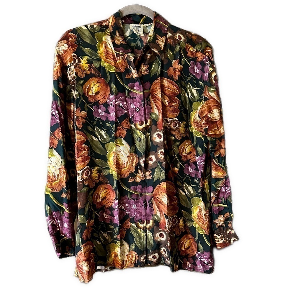 Evidence Women’s 100% Silk Deep Green Rust Purple Floral Button Blouse Sz M